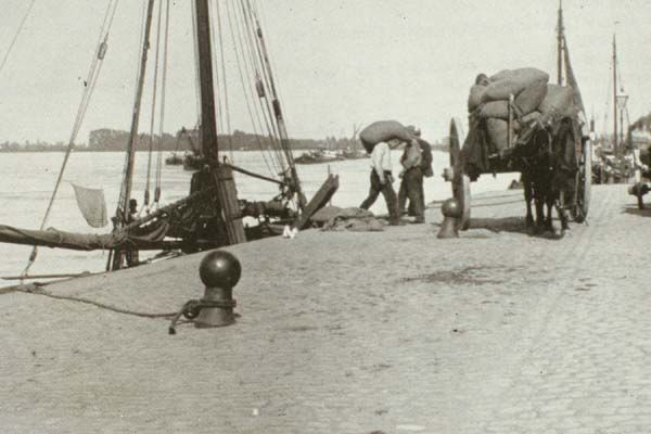 Nijmegen: Kaaisjouwers lossen de lading van een schip aan de Waalkade. Foto uit 1906.