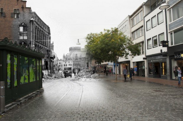 Nijmegen. Tijdens de bevrijding in 1944 is het stadhuis van binnen volledig afgebrand, waarna alleen de buitenmuren nog overeind stonden. Ook de St. Stevenstoren moest het ontgelden; hij werd zo erg beschadigd tijdens het bombardement door de geallieerden dat werd overwogen de kerk te slopen.De rails die te zien zijn op deze foto zijn, zijn van een van de drie tramlijnen die van 1889 tot 1955 door Nijmegen liepen. Op deze foto hebben de mensen van ''aswespeak'' een oude foto bewerkt met een recente foto zodat we dus 2 tijdsbeelden elkaar zien overlappen.