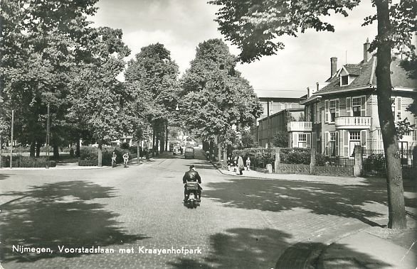 De Voorstadslaan omstreeks 1938 gezien vanaf de kruising met de Krayenhofflaan. Links ligt het Krayenhoffpark en rechts staat de directeurswoning van de Papierfabriek Gelderland.